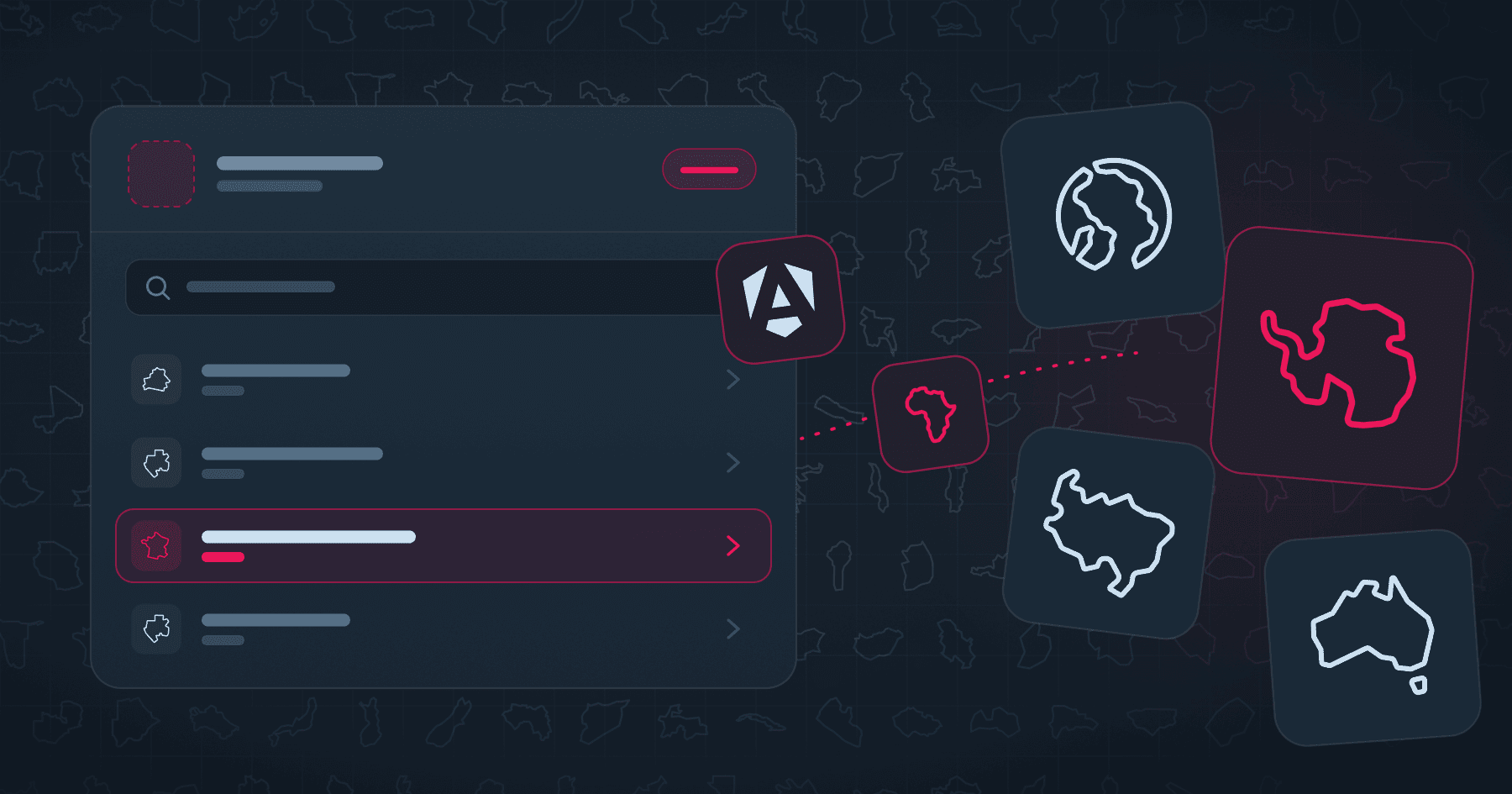 A dark country selector interface with a map outline icon beside each row and one row highlighted, next to the Angular logo and floating tiles showing the outlines of Africa, Antarctica, Brazil and Australia