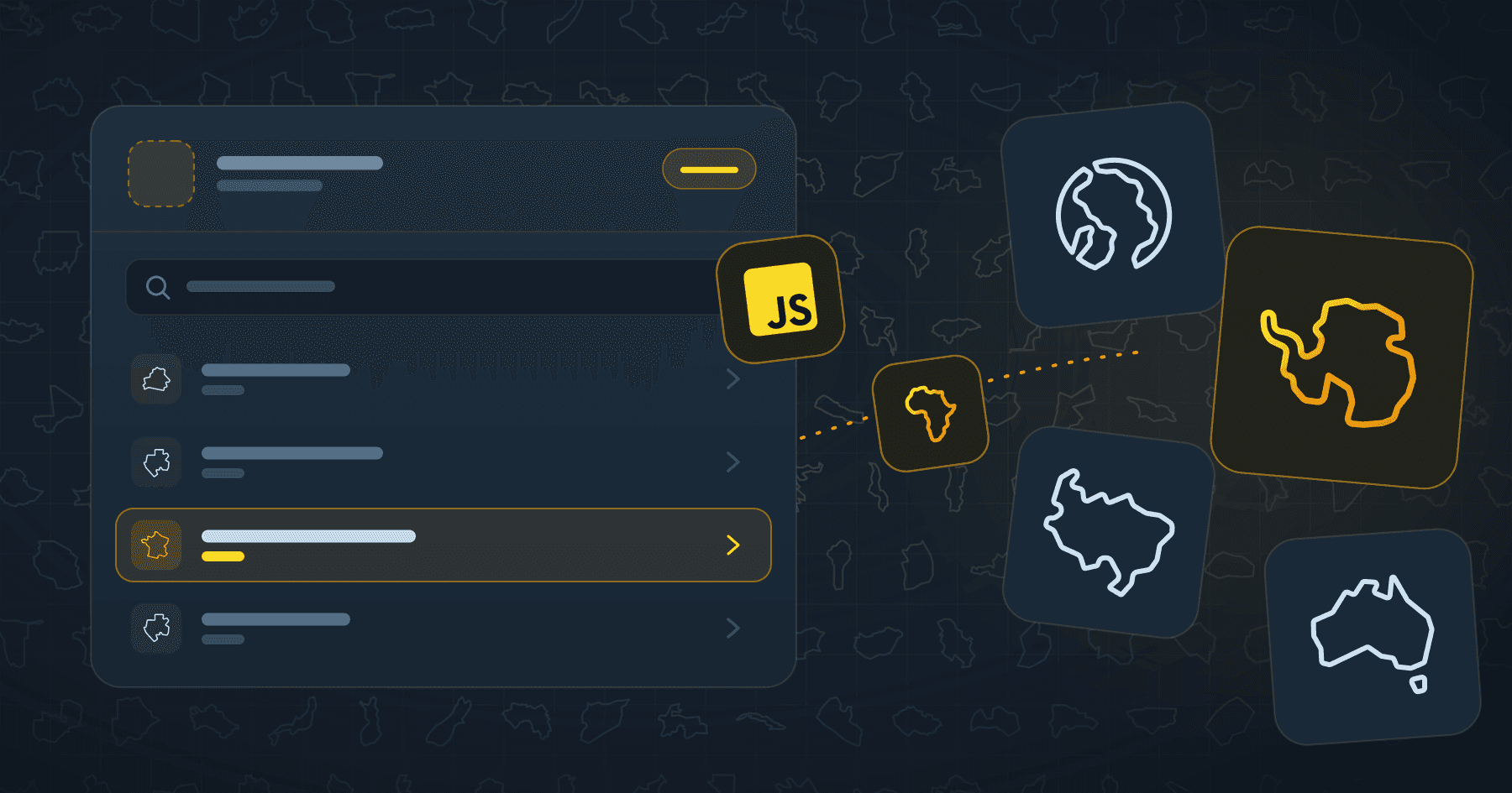 A dark country selector interface with a France row selected and highlighted in yellow, next to the JavaScript logo and floating tiles showing the outlines of the globe, Africa, Antarctica, Brazil and Australia