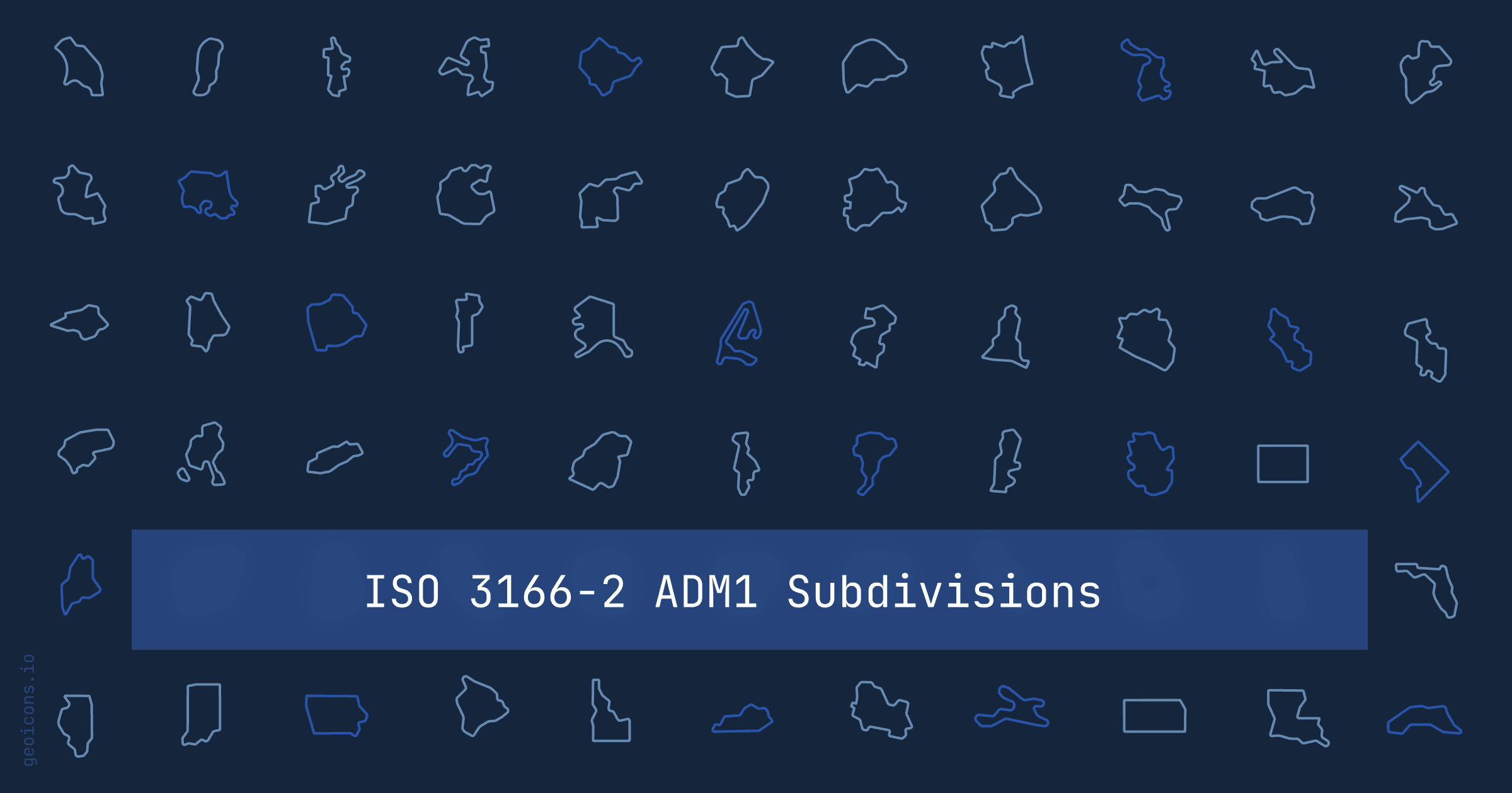 A dark grid of subdivision map outlines in the GeoIcons style, several highlighted in blue, with a center band reading ISO 3166-2 ADM1 Subdivisions